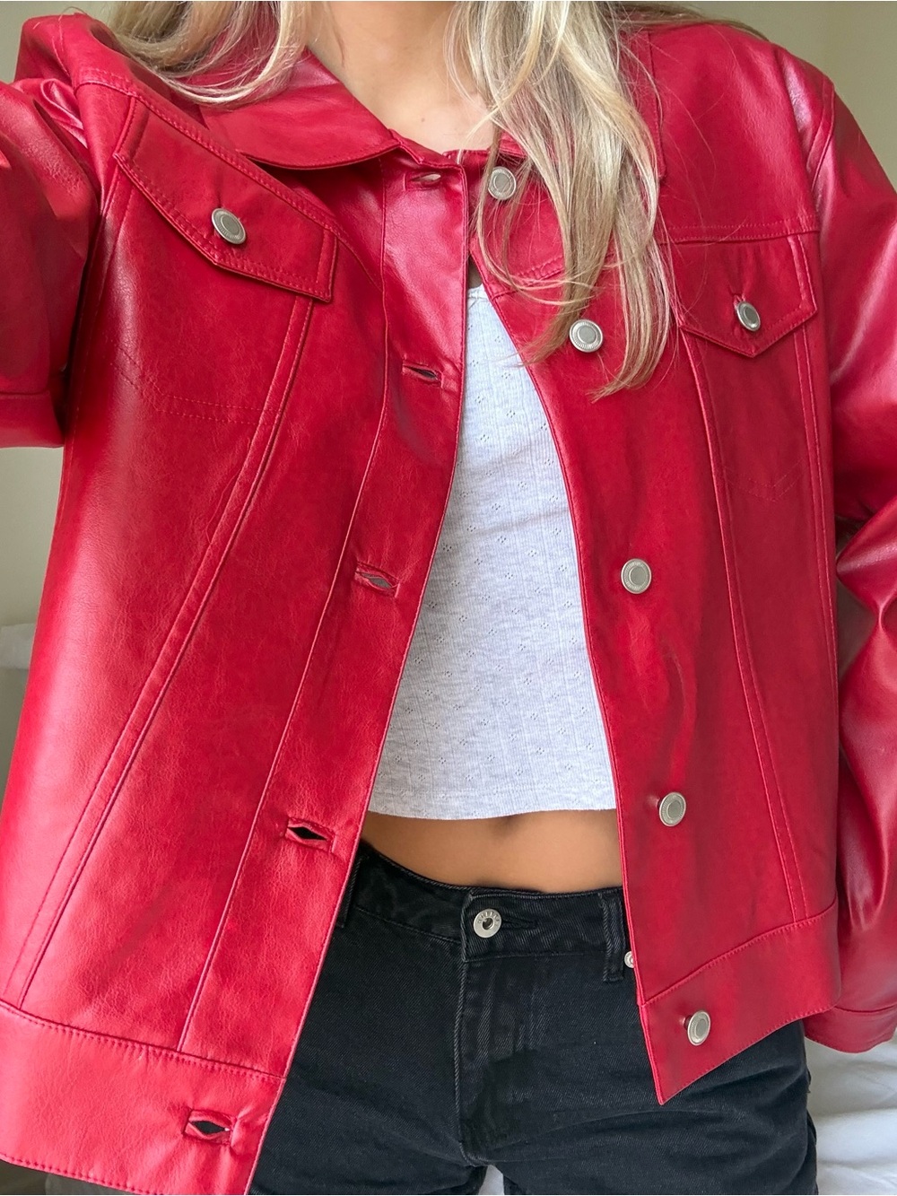 vintage Red Leather Button-up Jacket - Picture 3 of 5